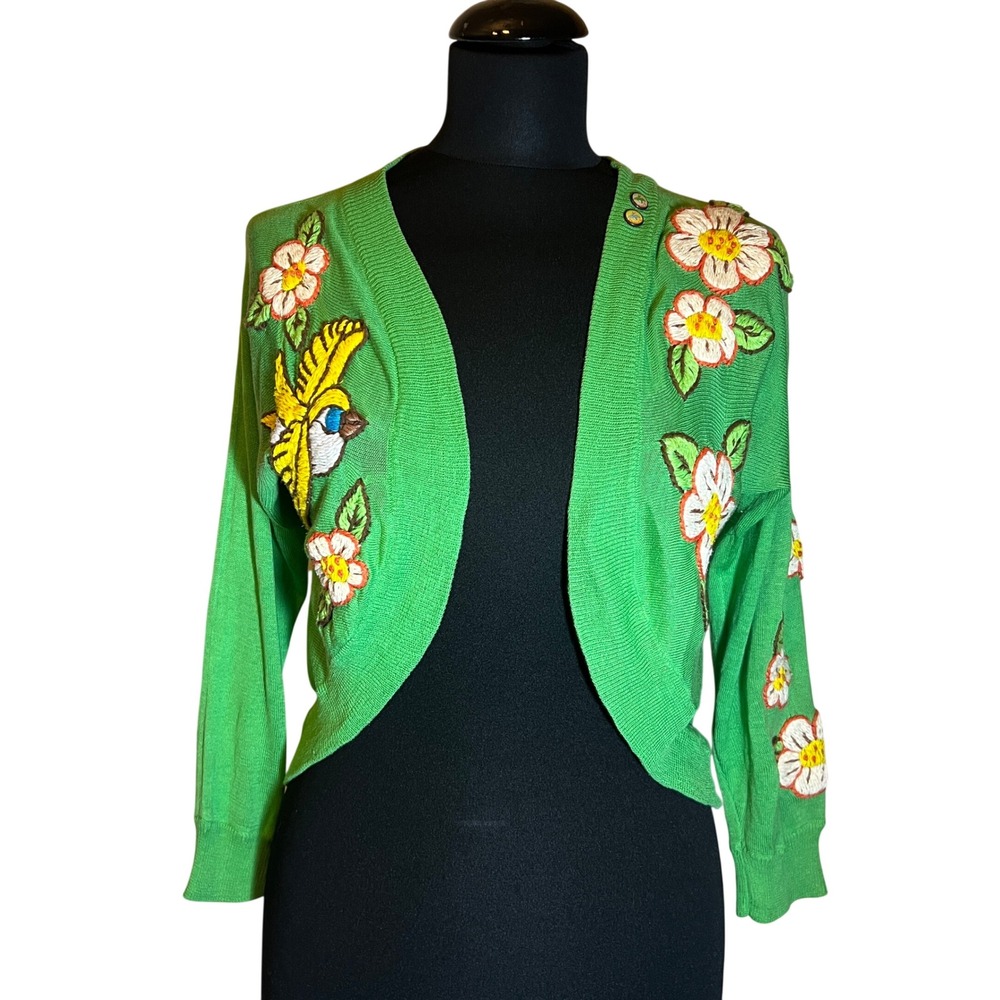 Johnny Was Joystick Vintage Cardigan in Green, Hand Embroidered, Women's Large
